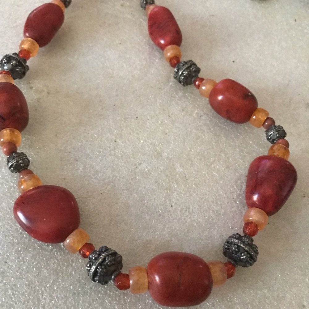 Handcrafted Red Bead Necklace with Amber Accents